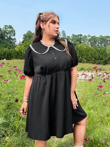 Vestido de manga farol de cuello bobo - Negro - Ver 4