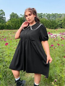 Vestido de manga farol de cuello bobo - Negro - Ver 5