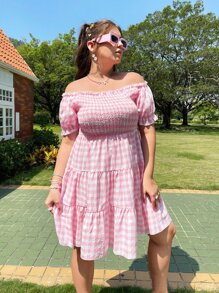 Vestido de guingán con fruncido de manga farol bajo con fruncido - Multicolor - Ver 4