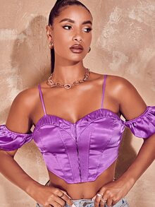 SHEIN BAE Cold Shoulder Ruched Asymmetrical Hem Crop Blouse - Violet Purple - View 3