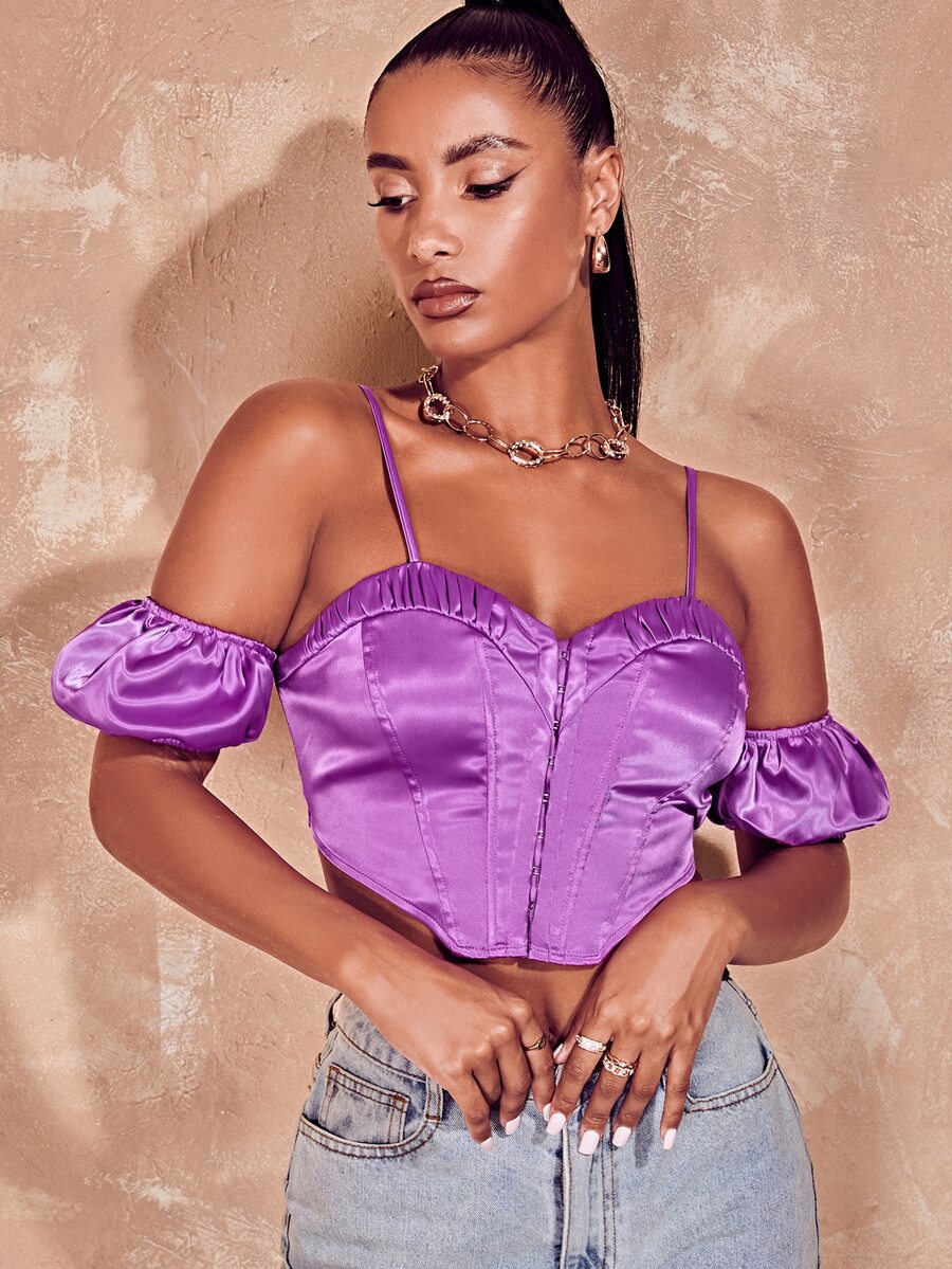 SHEIN BAE Cold Shoulder Ruched Asymmetrical Hem Crop Blouse - Violet Purple - View 1