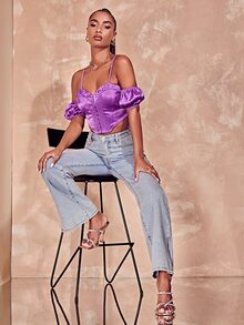 SHEIN BAE Cold Shoulder Ruched Asymmetrical Hem Crop Blouse - Violet Purple - View 6