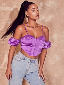SHEIN BAE Cold Shoulder Ruched Asymmetrical Hem Crop Blouse - Violet Purple - View 7
