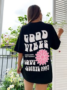 SHEIN Unity Camiseta de hombros caídos con estampado floral con slogan - Negro - Ver 2
