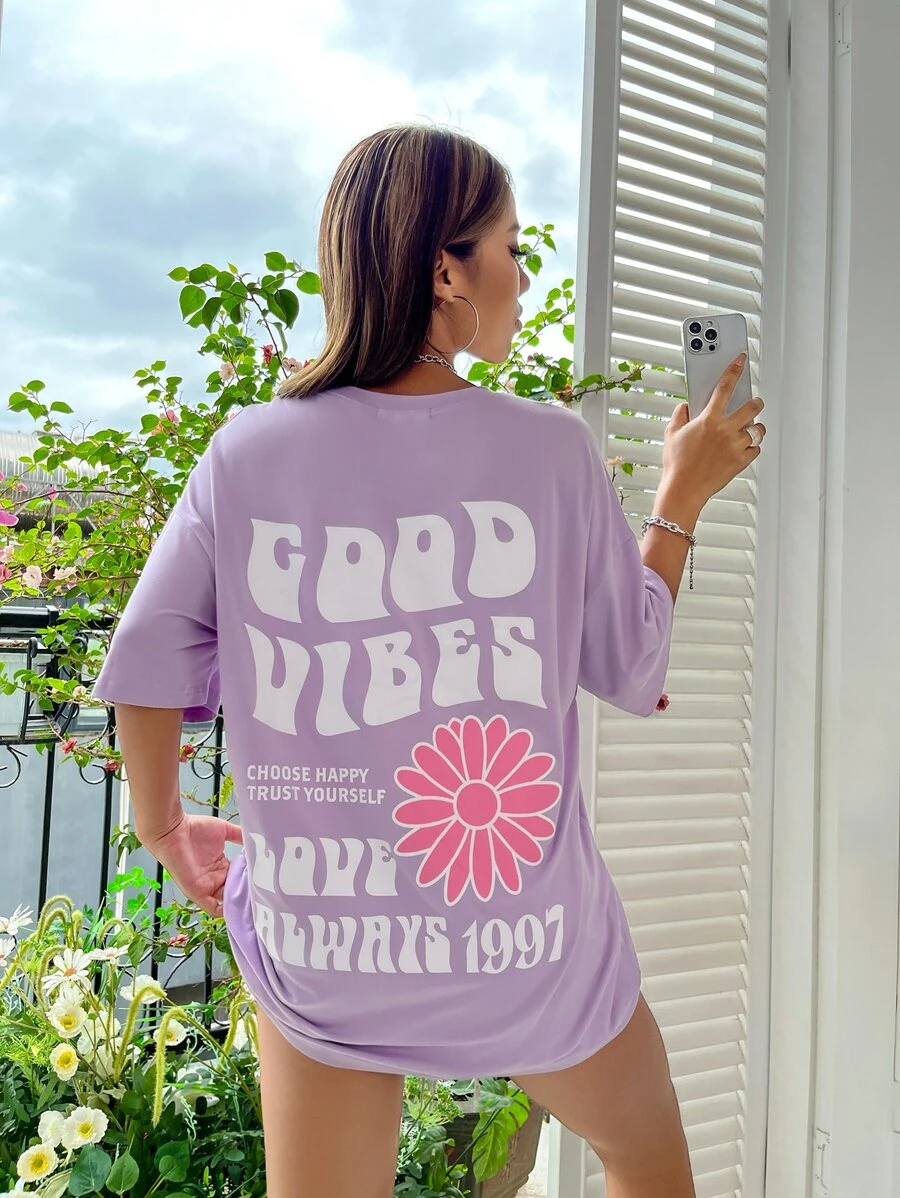 SHEIN Unity Summer Casual Positive Slogan Back Print Versatile T-Shirt - Lilac Purple - View 1