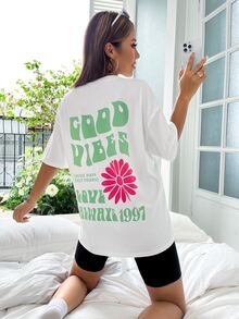 SHEIN Unity Camiseta de hombros caídos con estampado floral con slogan - Blanco - Ver 2