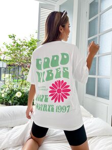 SHEIN Unity Camiseta de hombros caídos con estampado floral con slogan - Blanco - Ver 3