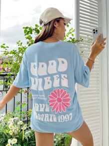 SHEIN Unity Camiseta de hombros caídos con estampado floral con slogan - Celeste - Ver 1