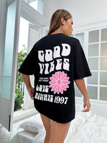 SHEIN Unity Camiseta de hombros caídos con estampado floral con slogan - Negro - Ver 3