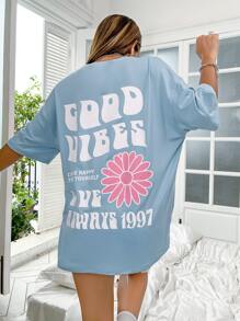 SHEIN Unity Camiseta de hombros caídos con estampado floral con slogan - Celeste - Ver 2