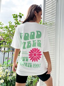 SHEIN Unity Camiseta de hombros caídos con estampado floral con slogan - Blanco - Ver 4