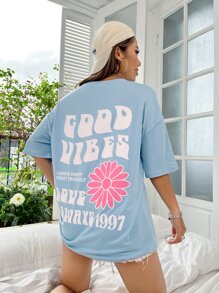 SHEIN Unity Camiseta de hombros caídos con estampado floral con slogan - Celeste - Ver 4