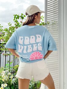 SHEIN Unity Camiseta de hombros caídos con estampado floral con slogan - Celeste - Ver 5