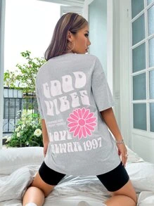 SHEIN Unity Floral & Slogan Graphic Drop Shoulder Tee - Light Grey - View 3