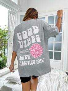SHEIN Unity Floral & Slogan Graphic Drop Shoulder Tee - Light Grey - View 5