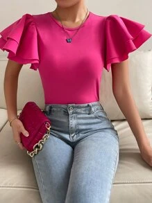 Solid Butterfly Sleeve Tee - Hot Pink - View 1
