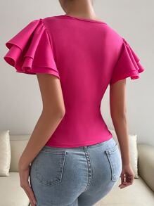 Solid Butterfly Sleeve Tee - Hot Pink - View 2