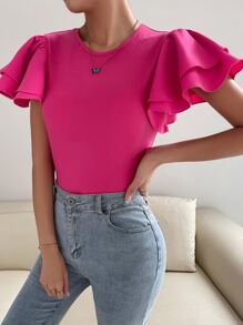 Solid Butterfly Sleeve Tee - Hot Pink - View 3