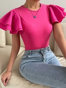 Solid Butterfly Sleeve Tee - Hot Pink - View 4