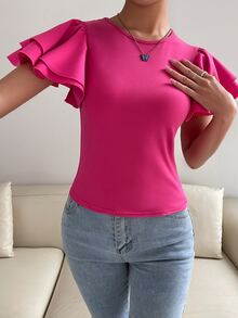 Solid Butterfly Sleeve Tee - Hot Pink - View 5