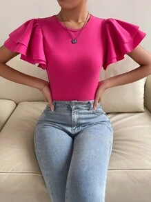 Solid Butterfly Sleeve Tee - Hot Pink - View 6