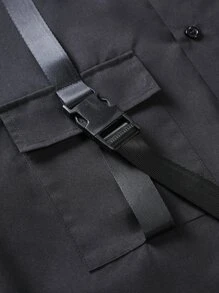 Claim Dot Loose Fit Men's Buckled Flap Pocket Drop Shoulder Shirt & Drawstring Shorts Set (Without Tee) - Black - View 7