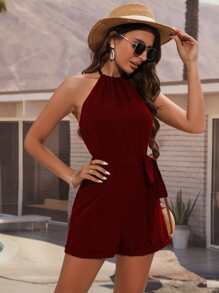 SHEIN Holidaya Áo liền quần nữ Lộ Lưng Thắt lưng Buộc lại màu trơn Boho - Màu Đỏ Sâu - Xem 3