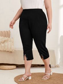 EMERY ROSE Plus Rhinestone Detail Slit Hem Trousers - Black - View 6