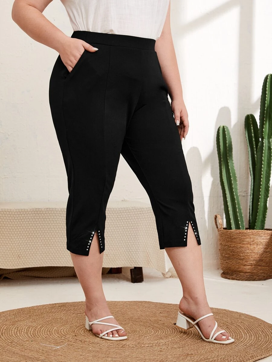 EMERY ROSE Plus Rhinestone Detail Slit Hem Trousers - Black - View 1