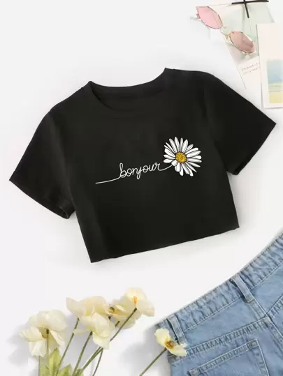 SHEIN Sparklyn Tween Girl 1pc Fashionable Casual Short Top, Daisy & Letter Print, Round Neckline