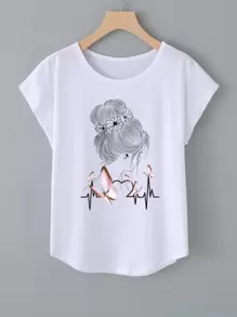 SHEIN LUNE Camiseta gráfica con mangas de murciélago, dobladillo curvo y estampado de figura y mariposa para mujer