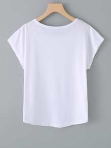SHEIN LUNE Camiseta gráfica con mangas de murciélago, dobladillo curvo y estampado de figura y mariposa para mujer