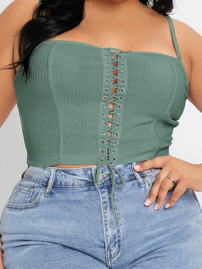 Top de tirantes con cordón delantero tejido de canalé