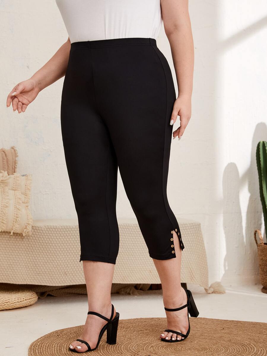 EMERY ROSE 大碼側邊紐扣下擺開叉緊身褲 - 黑色 - 查看 1