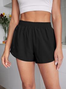 SHEIN Sports Eyelet Cut Out Solid Sports Shorts Black Shorts Women - Black - View 5