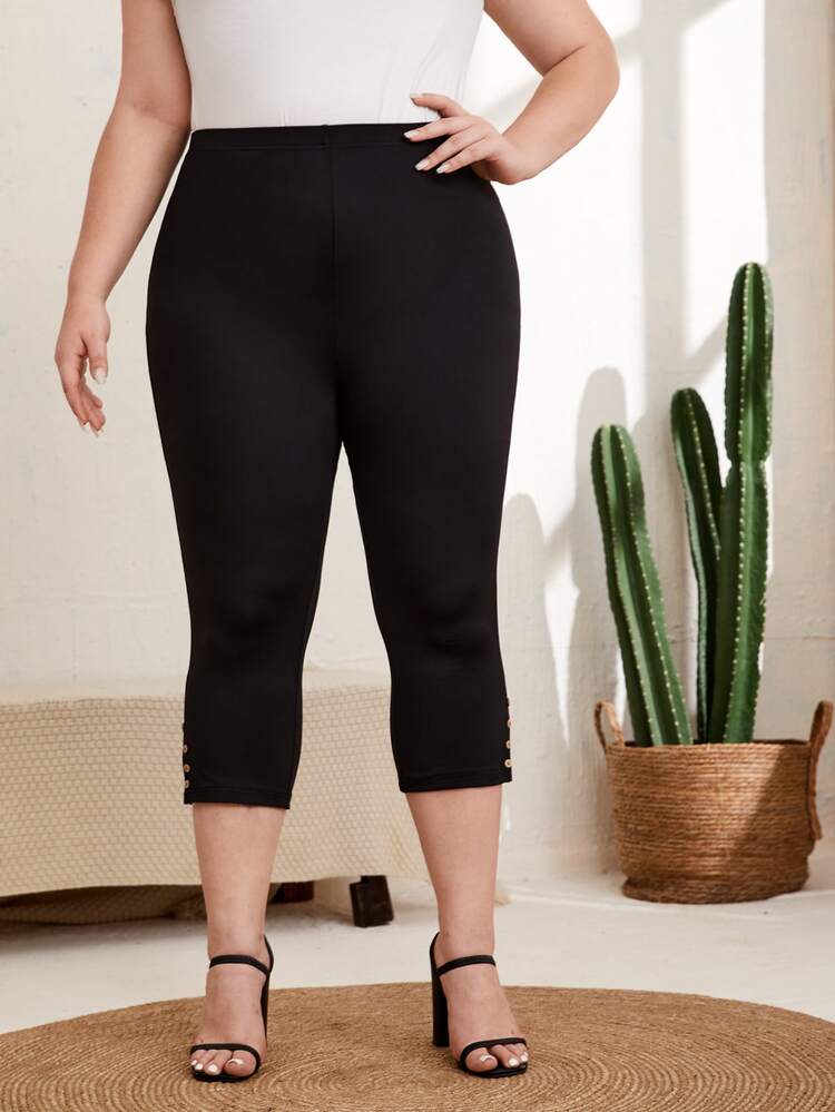 EMERY ROSE Plus Button Side Split Hem Skinny Trousers - Black - View 5