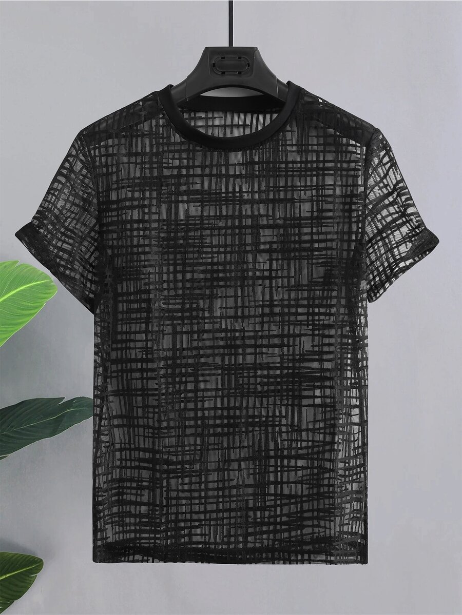 Manfinity Hombres Camiseta de cuadros de malla - Negro - Ver 1