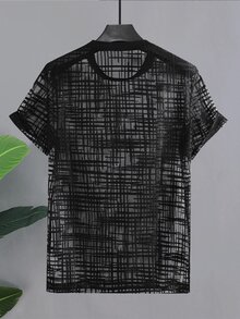 Manfinity Hombres Camiseta de cuadros de malla - Negro - Ver 2