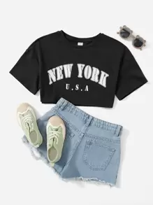 SHEIN Tween Girl Round Neck Short Sleeve Letter Print Cropped T-Shirt With Drop Shoulder - Black - View 1