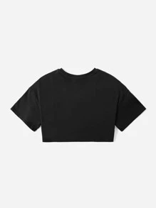 SHEIN Tween Girl Round Neck Short Sleeve Letter Print Cropped T-Shirt With Drop Shoulder - Black - View 2