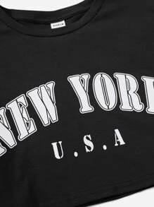 SHEIN Tween Girl Round Neck Short Sleeve Letter Print Cropped T-Shirt With Drop Shoulder - Black - View 3