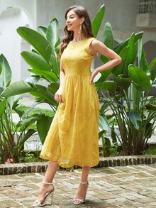 花卉刺繡後拉鏈連衣裙 - 黃色 - 查看 3