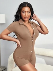SHEIN SXY 紐扣羅紋針織連身短褲 - 摩卡棕 - 查看 3