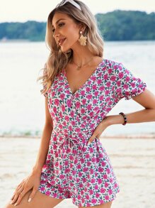 Allover Floral Print Puff Sleeve Belted Romper - Multicolor - View 6