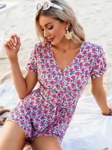 Allover Floral Print Puff Sleeve Belted Romper - Multicolor - View 3