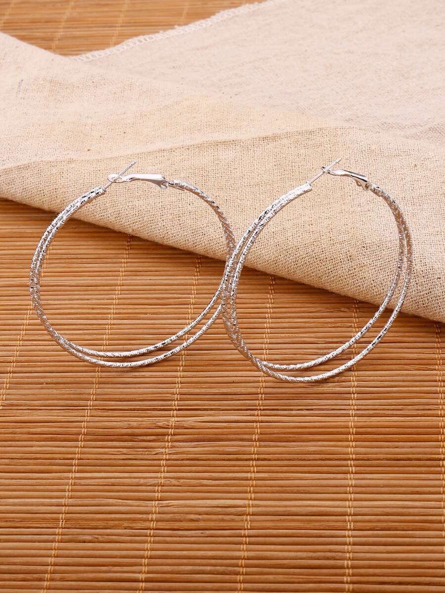 紋理質感金屬多層圓耳環 - 銀色 - 查看 1