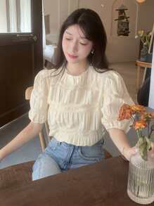 素色泡泡袖打褶襯衫 - 杏色 - 查看 1