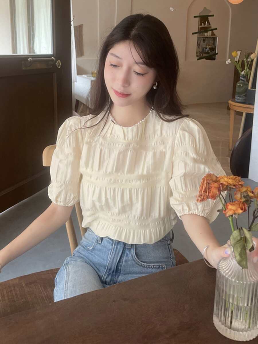 素色泡泡袖打褶襯衫 - 杏色 - 查看 1