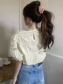 素色泡泡袖打褶襯衫 - 杏色 - 查看 2