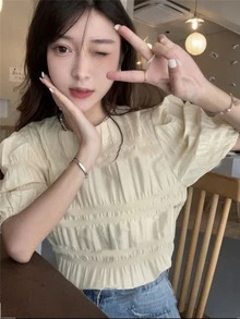 素色泡泡袖打褶襯衫 - 杏色 - 查看 3
